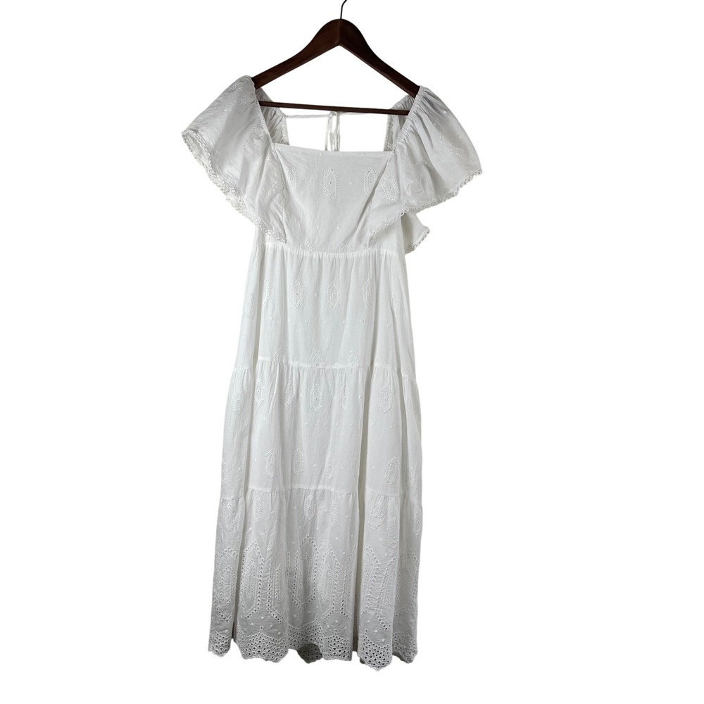 Caslon White Cotton Eyelet Tiered Midi Dress Smocked Back Ruffle Sleeve Small